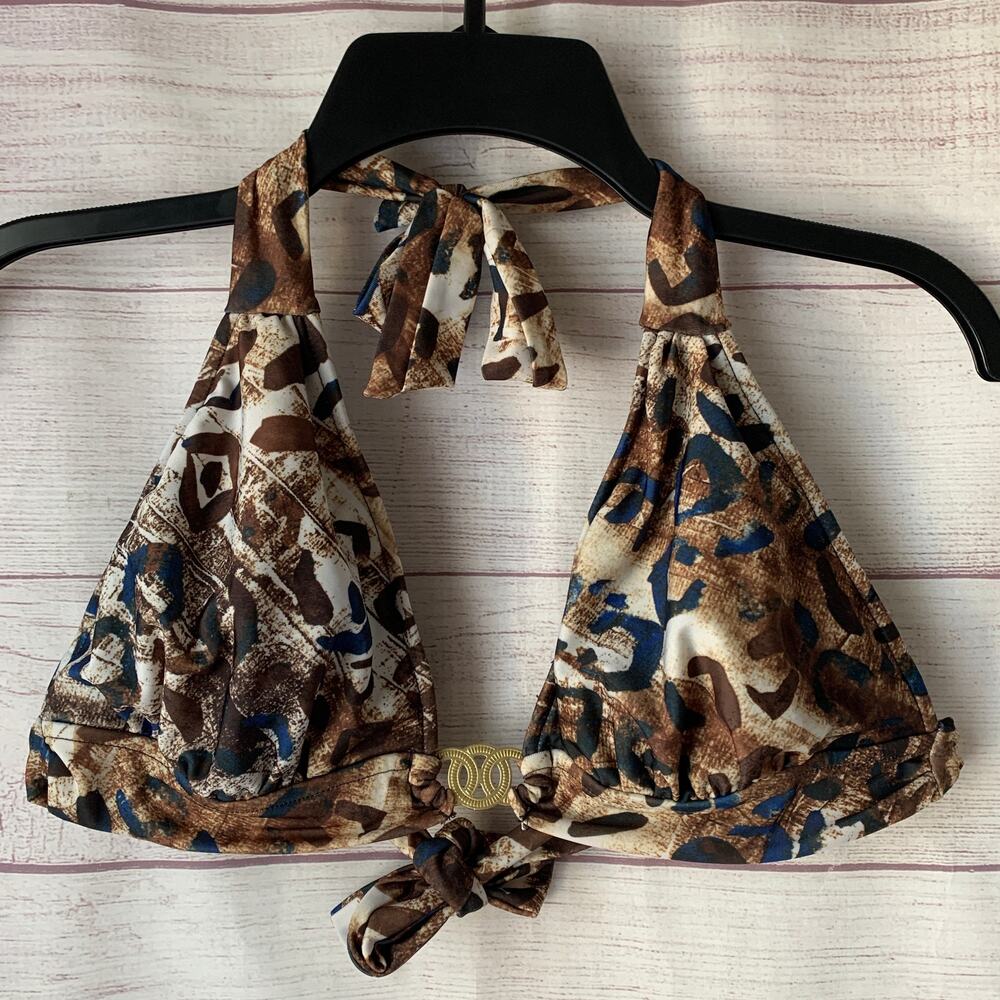 Bisou Bisou Cheetah Print Bikini Swimsuit Top with Metal Center Detail Size M